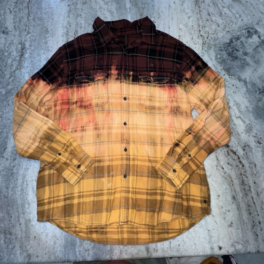 Artifacts Men's Sz XL Bleached Two Tone Dip Dye Flannel Plaid Shirt Boho Indie